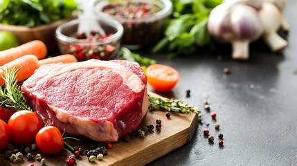 Fresh raw beef steak with colorful vegetables and spices arranged beautifully on a wooden cutting board : Generative AI