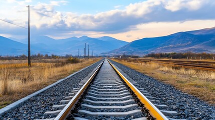 Fototapeta premium Railway Tracks Leading to Mountains Under Dramatic Sky with Clouds and Warm Light : Generative AI