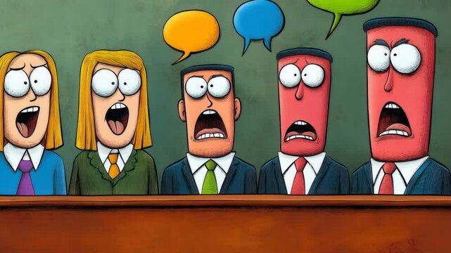 Cartoon characters animatedly discussing ideas, using expressive speech bubbles and dramatic gestures during vibrant workplace interaction