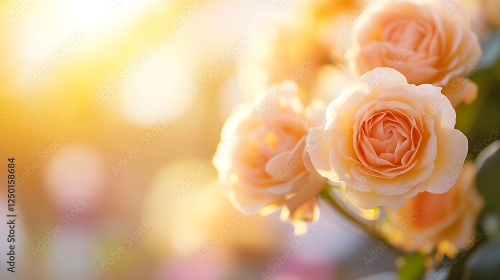 Poster beautiful soft peach roses in gentle sunlight creating a romantic and dreamy atmosphere : generative