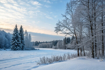 Fototapeta premium Snowy winter landscape at dawn