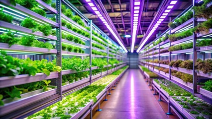 Fototapeta premium Futuristic Indoor Vertical Farm, Tilt-Shift Photography, Green Plants, Hydroponics, Smart Agriculture