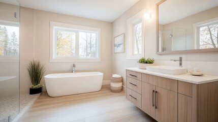 Modern Bathroom with Floating Vanity and Stylish Bathtub Design