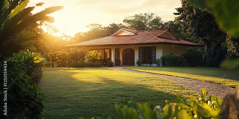 Poster Sunset view of a beautiful house with lush green lawn and garden.