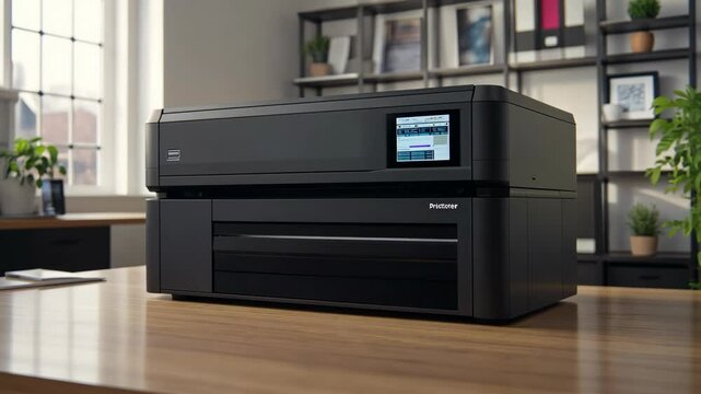 High-quality printer positioned on wooden desk in modern office with bright natural light and plants