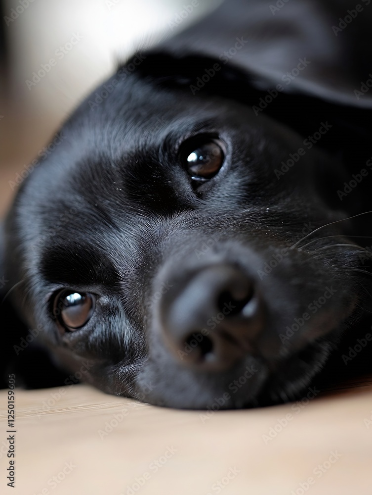 Poster close up of cute black dog lying on the floor looking curious and playful : generative ai