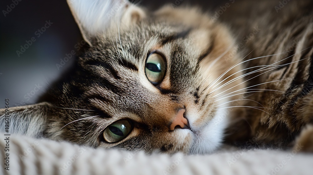 Poster close up portrait of a playful cat resting comfortably with striking green eyes : generative ai