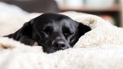 Adorable Black Dog Snuggled in a Soft Blanket Sleeping Peacefully at Home : Generative AI