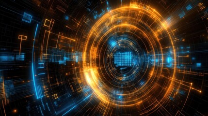 Fototapeta premium Abstract digital technology background, glowing orange and blue circular lines, futuristic network concept.
