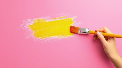 Hand painting a vibrant yellow streak on a pink background, showcasing creativity and art