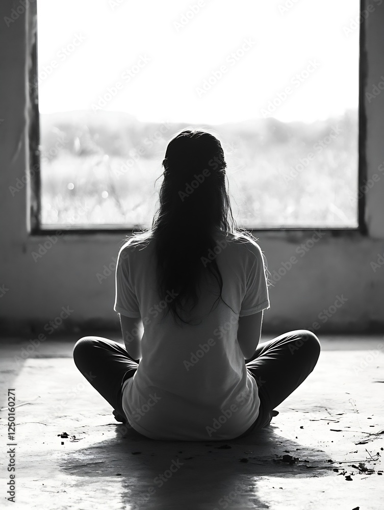 Poster silhouette of woman meditating in front of large window with natural light : generative ai
