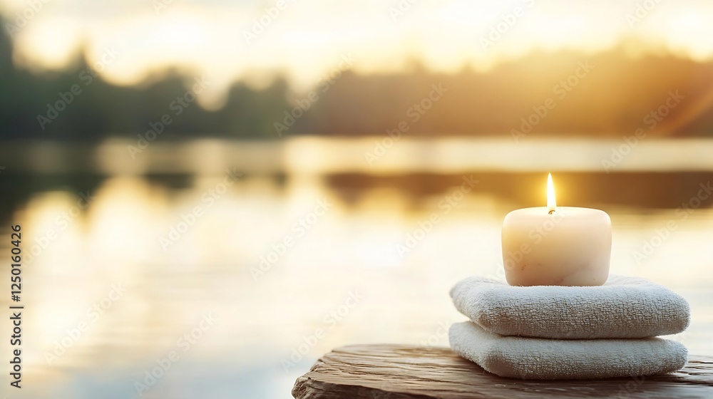 Poster serene candle on soft towels by calm water at sunset for relaxation and mindfulness : generative ai