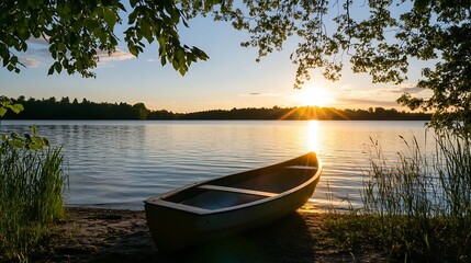 Tranquil Lakeside Sunset with a Colorful Sky and a Canoe Moored on the Shore : Generative AI