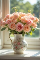 Beautiful Peach Roses in Vintage Floral Pitcher on Sunny Windowsill