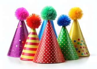 Obraz premium Colorful Party Hats for Birthday Celebrations - Festive Decorations Isolated on White