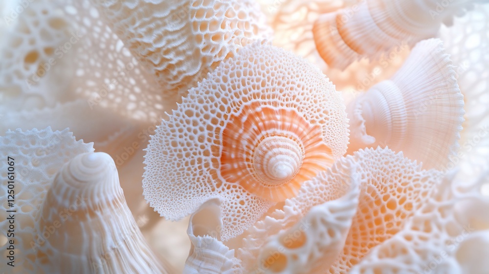 Poster close-up of intricate, delicate seashells with complex textures and patterns, showcasing natural bea