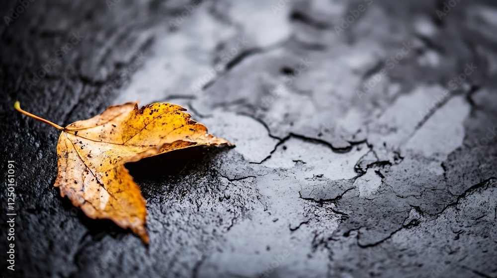 Poster single dry autumn leaf on cracked surface creating a striking contrast of colors showcasing seasonal