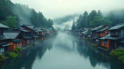 Naklejka premium A tranquil river runs through a picturesque mountain village,