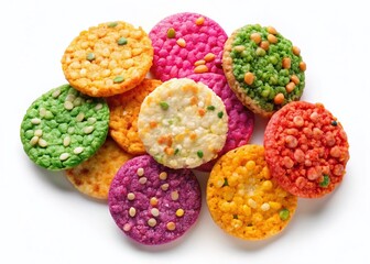 Colorful Thai Rice Crackers, Herbal Multicolored Snack, Isolated White Background