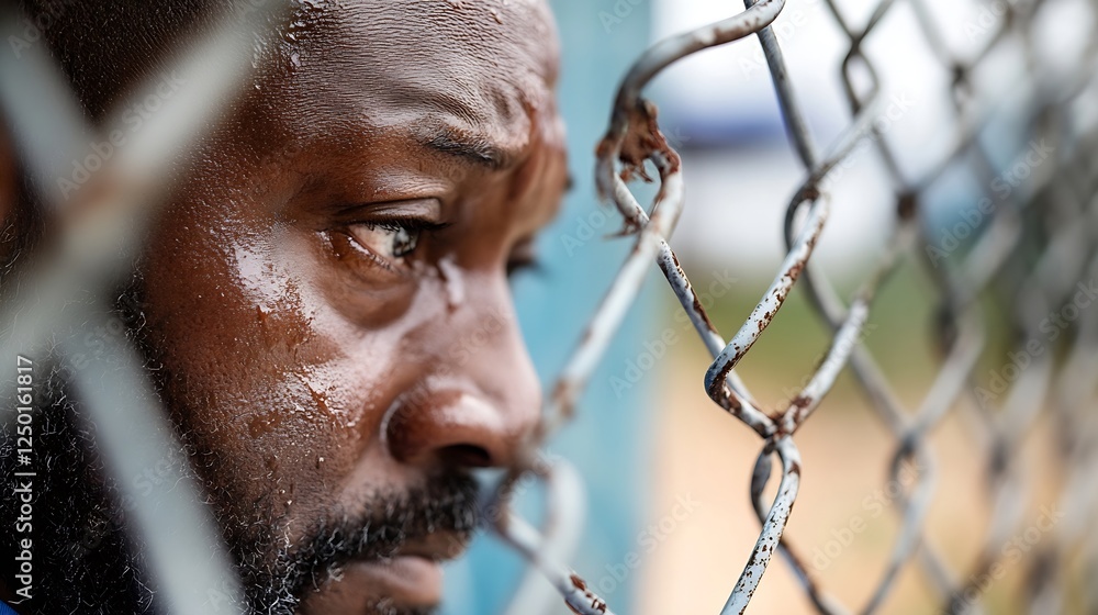 Poster emotional portrait of a man behind a rusted fence : generative ai