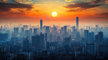 Fototapeta premium Vibrant sunset over a sprawling city skyline filled with skyscrapers. PM 2.5 concept
