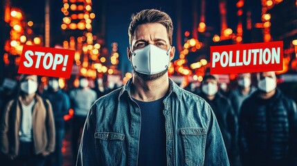 Obraz premium Man in mask leads protest against pollution in a city setting. PM 2.5 concept