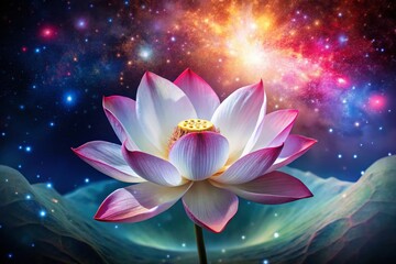 Cosmic Lotus Bloom: Pristine White Flower with Pink Edges and Red Gemstone Center