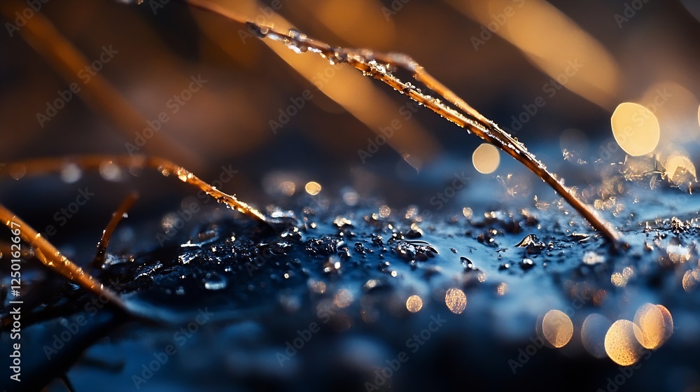 Poster close up shot of water droplets on twigs with warm soft focus lights : generative ai