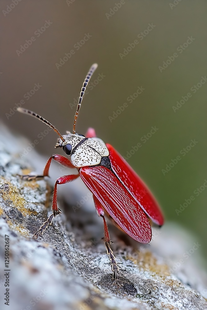 Poster Close Up of a Vibrant Red Insect Crawling on a Natural Surface with Soft Background : Generative AI