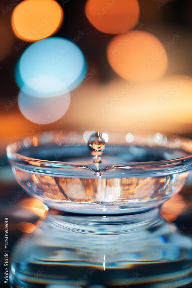 Poster Captivating Water Drop Splashing in a Glass Bowl Creating Bokeh Background : Generative AI