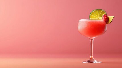 Refreshing Pink Cocktail Garnished with Lime and Raspberry Slice