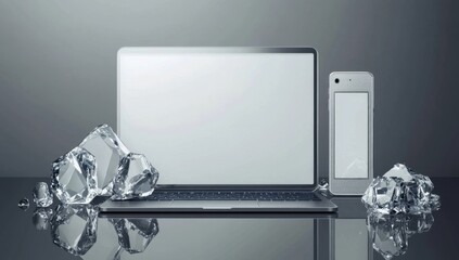 Modern Tech with Ice, Blank Screens, Studio Shot