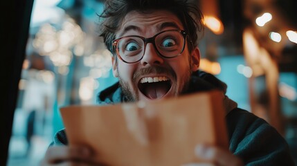 Excited Young Man Reacting Joyfully While Reading a Letter in a Cozy Cafe During Evening Hours