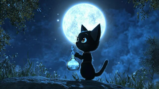 Black cat holding a potion under a glowing moon in a serene night landscape filled with plants