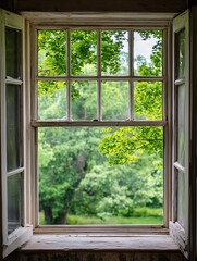 View Through an Old Window Framed by Lush Green Trees in Nature : Generative AI