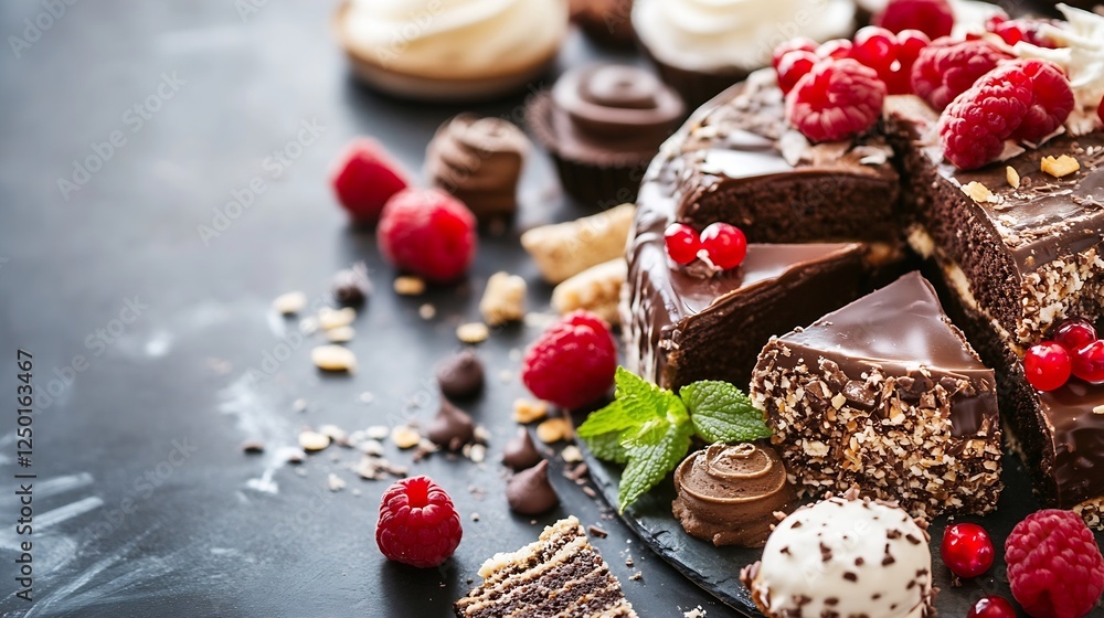 Poster delicious chocolate cake with raspberries and assorted chocolates on dark surface : generative ai