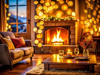 Obraz premium Cozy Fireplace Living Room Bokeh - Warm Winter Evening Relaxation