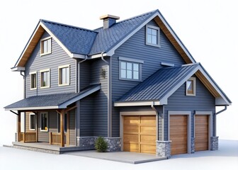 Cozy Gray Two-Story Wooden Family House with Garage - High Roof, Isolated