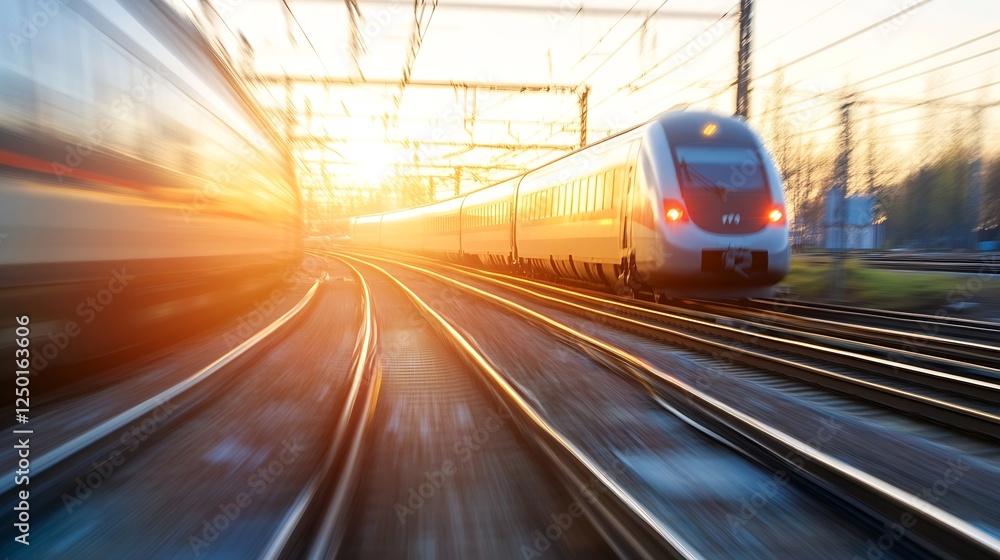 Aufkleber Dynamic view of high-speed train in motion during golden hour on railway tracks : Generative AI