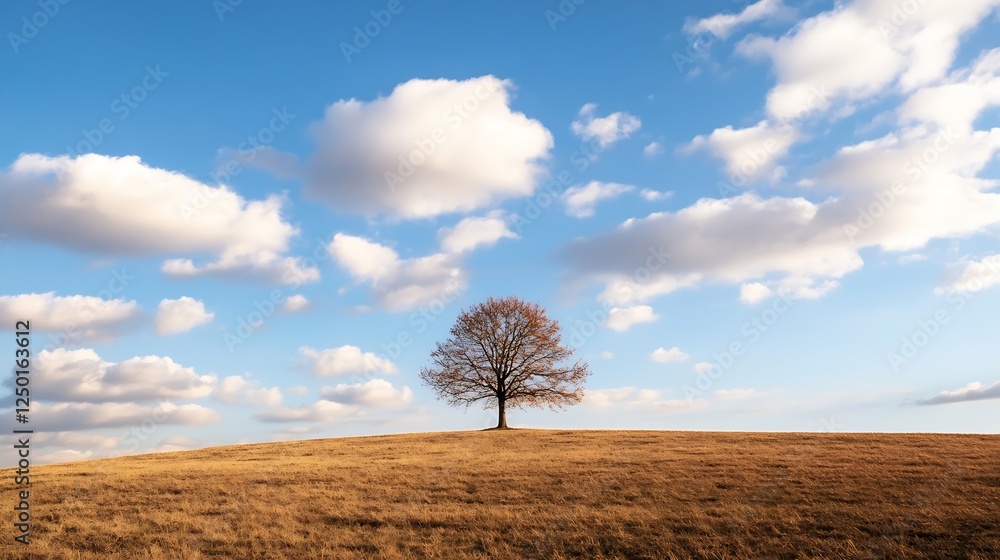 Poster lone tree on a hill with blue sky and fluffy clouds captured in natural light : generative ai