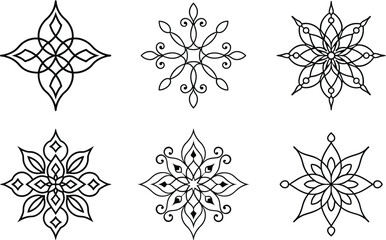 vector illustration of a decorative ornament. Six Intricate Black Line Mandala Designs. Six unique mandala designs in a clean, black line art style.