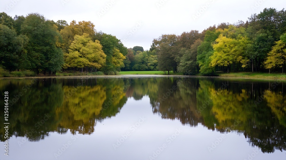 Poster tranquil autumn reflections on still water surrounded by colorful trees : generative ai