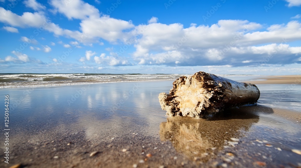 Aufkleber scenic shoreline view of a driftwood log at the serene beach under clear blue skies : generative ai