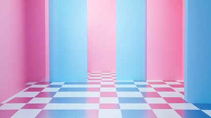Pink blue room, checkered floor, background