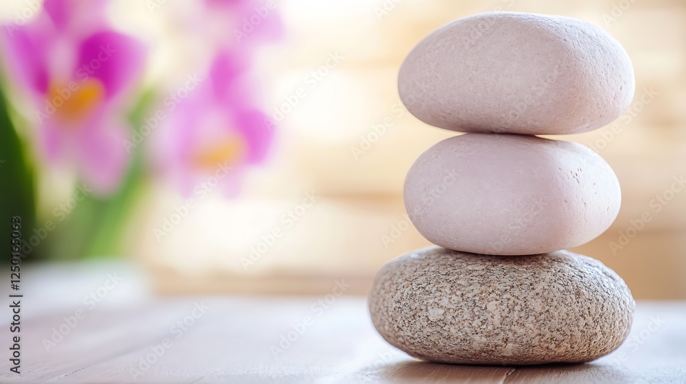 Poster Stacked Smooth Stones with Delicate Flowers in Soft Focus Creating a Zen Like Atmosphere : Generative AI