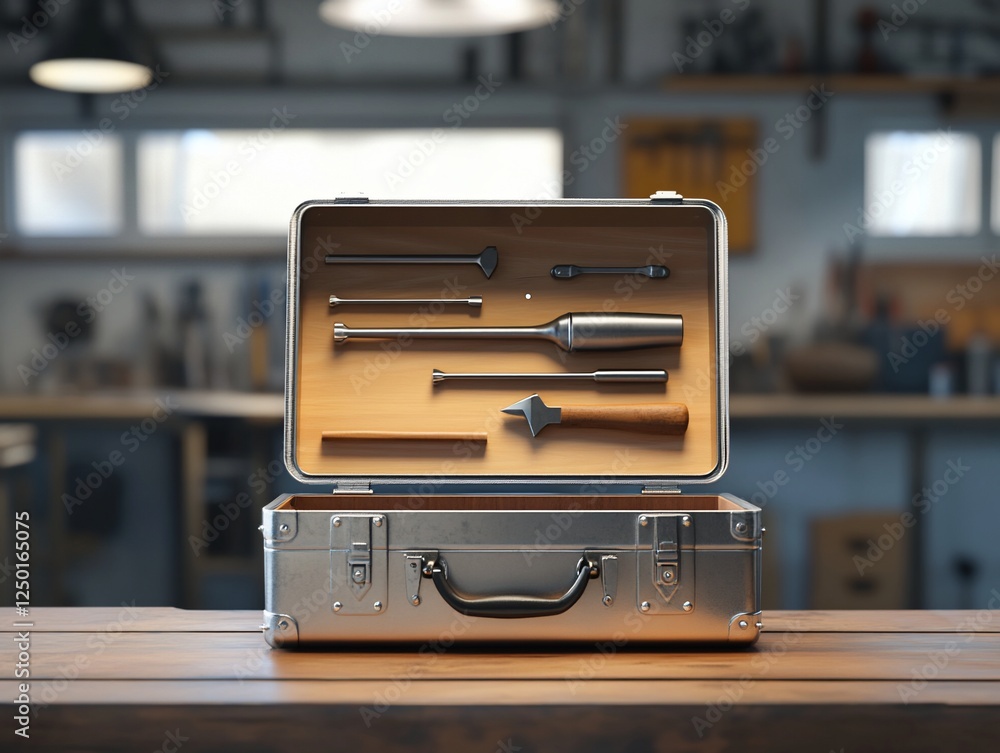 Poster metal toolbox with various tools on wooden surface in workshop.