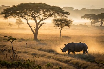 Obraz premium Majestic Rhino Grazing: Aerial Drone Photography of African Wildlife