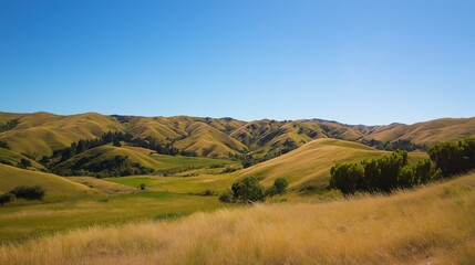 Naklejka premium Panoramic View Of Dry Hills And Valleys Under Blue Sky