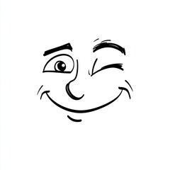Black and white illustration of a cheerful cartoon face winking with a wide smile conveying happiness and playfulness