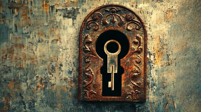 Antique keyhole embossed with intricate designs on a weathered wall creates an intriguing focal point of exploration and mystery
